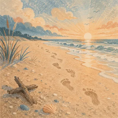 Footprints Toward Sunrise With Driftwood Cross