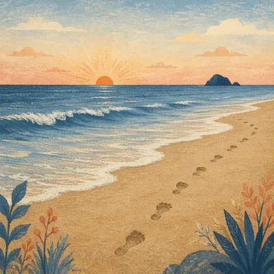 Footprints in Sand at Peaceful Sunrise