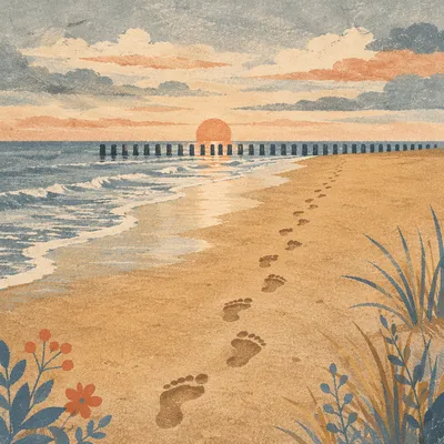 Sunrise Footprints on Quiet Golden Beach