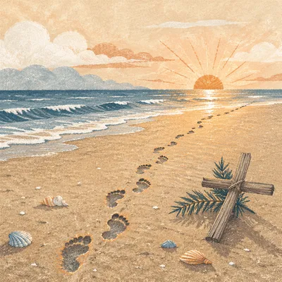 Footprints Toward Cross at Beach Sunrise