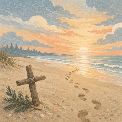 Footprints Toward Sunrise with Driftwood Cross