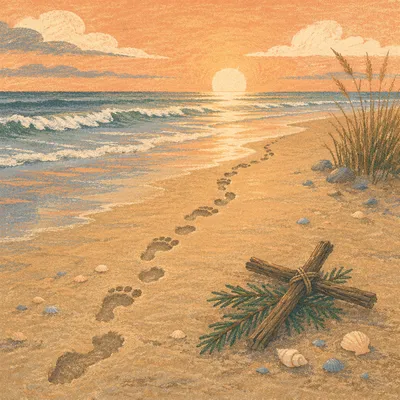 Footprints Toward Sunrise With Driftwood Cross