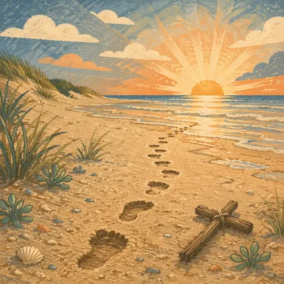 Footprints to Sunrise with Driftwood Cross