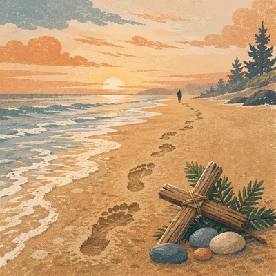 Footprints Toward Sunrise with Driftwood Cross