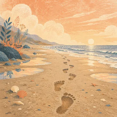Footprints in Sand at Peaceful Sunrise