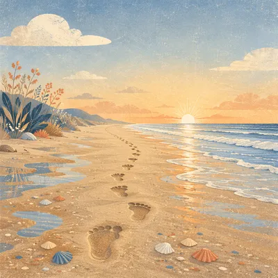 Footprints on Sandy Beach at Sunrise