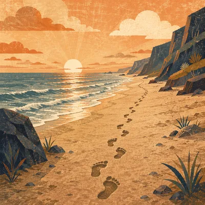 Footprints Leading Across Sunrise Beach