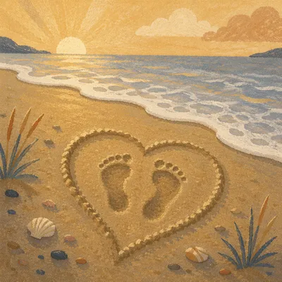 Footprints in Sand at Sunrise Heart