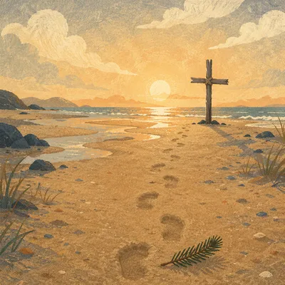 Footprints Leading to Cross at Beach Sunrise