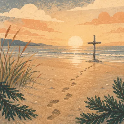 Footprints Leading to Cross at Sunrise Beach
