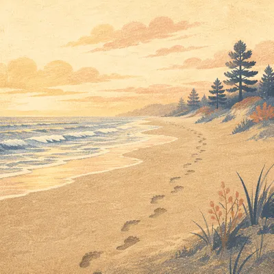 Footprints on Sunrise Beach with Evergreens