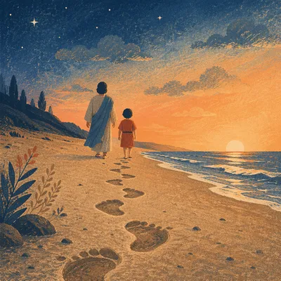 Footprints Toward Sunrise on Quiet Beach