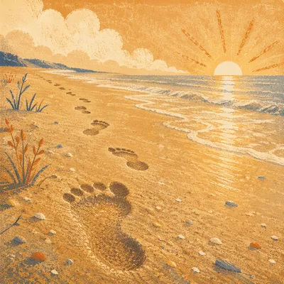Footprints in Golden Sand at Sunrise