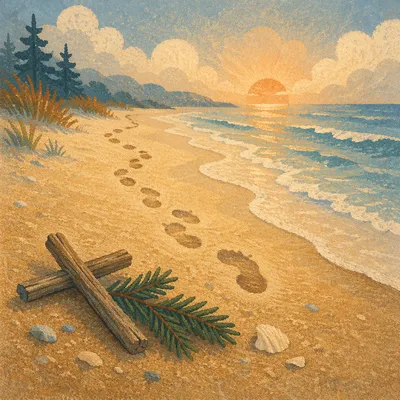 Footprints at Sunrise with Evergreen Cross