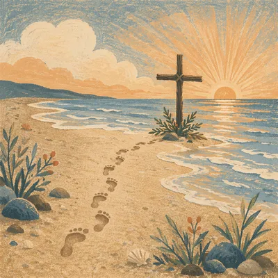 Footprints Toward Driftwood Cross at Sunrise