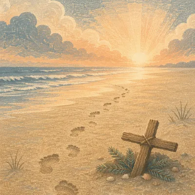 Footprints Toward Sunrise with Driftwood Cross