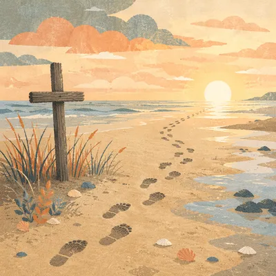 Footprints Toward Cross at Beach Sunrise