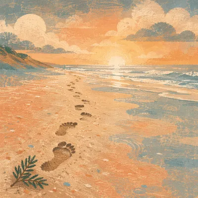 Footprints Toward Sunrise with Evergreen Sprig