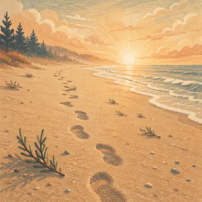 Footprints in Sunrise Sand with Evergreen Hope