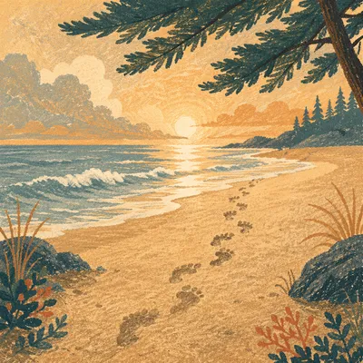 Footprints Toward Sunrise on Peaceful Beach