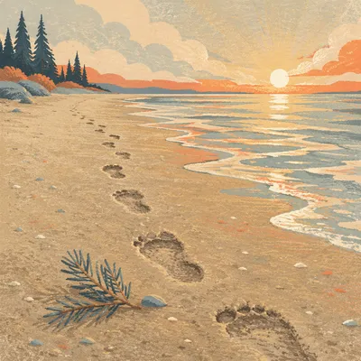 Footprints in Sand at Sunrise with Evergreen