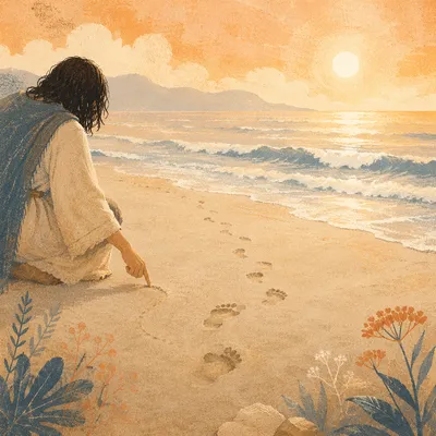 Footprints in Sand at Beach Sunrise