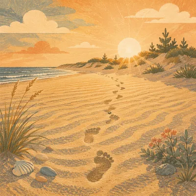 Footprints Toward Sunrise on Evergreen Beach