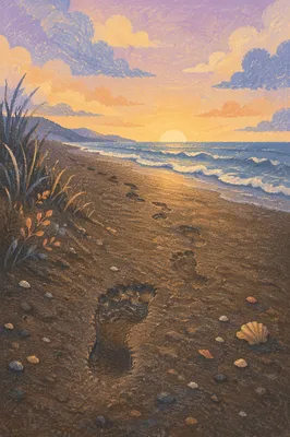 Footprints in Sand at Peaceful Sunrise