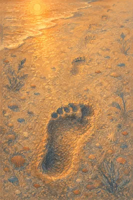 Sunrise Footprints in Damp Beach Sand