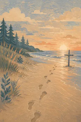 Footprints Toward Driftwood Cross at Sunrise