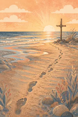 Footprints Toward Driftwood Cross at Sunrise