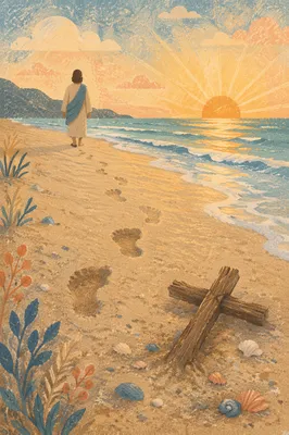 Footprints Toward Sunrise With Driftwood Cross