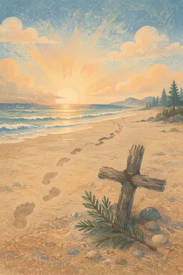 Footprints Toward Sunrise with Driftwood Cross