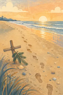 Footprints Toward Sunrise with Driftwood Cross