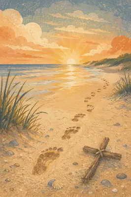 Footprints Toward Sunrise Beside Driftwood Cross