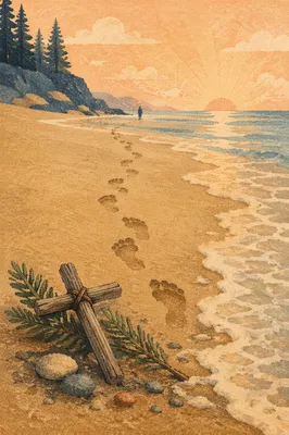 Footprints Toward Sunrise with Driftwood Cross