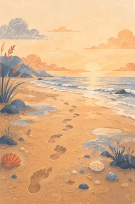 Footprints in Sand at Peaceful Sunrise