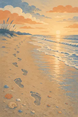 Sunrise Footprints Across Peaceful Sandy Shore