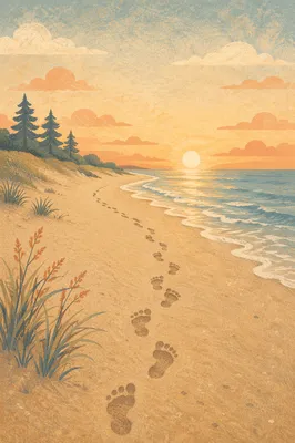 Footprints on Sunrise Beach with Pines