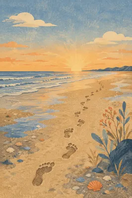 Footprints on Sandy Beach at Sunrise