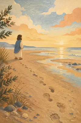 Hopeful Footprints on Beach at Sunrise