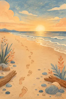 Footprints on Sandy Beach at Sunrise