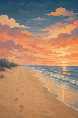 Footprints on Sandy Beach at Sunrise