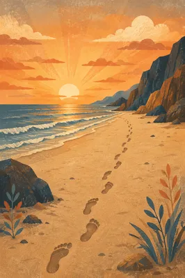 Footprints in Sand at Beach Sunrise