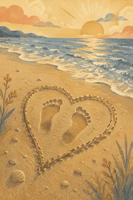 Footprints in Sand at Sunrise Heart
