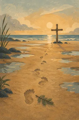 Footprints Toward Driftwood Cross at Sunrise