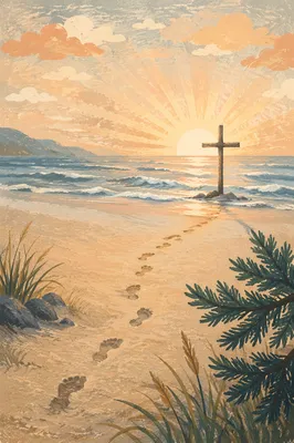 Footprints to Driftwood Cross at Sunrise