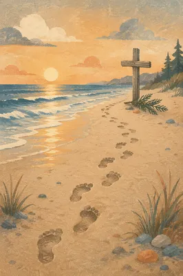 Footprints Leading to Driftwood Cross at Sunrise