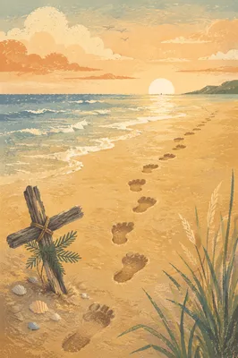 Footprints Toward Sunrise with Evergreen Cross