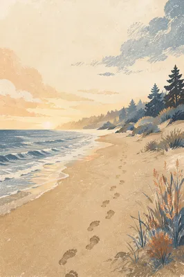 Footprints on Sunrise Beach With Evergreens
